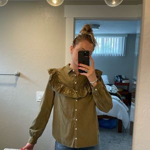 Pilcro Button-Up Shirt with Ruffle Detail, Olive Green, Size Medium
